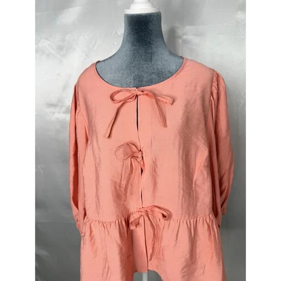 Ava & Viv Pink Tie Front Peplum Blouse XXL Elbow Sleeve Rayon NWT - Picture 3 of 13